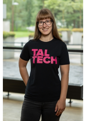 Black T-shirt with pink logo for women